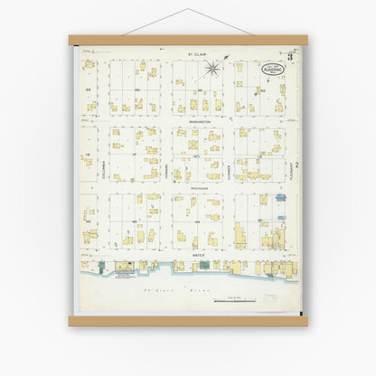 Old map wall art mockup — magnetic wood frame on white wall — Sanborn Fire Insurance Map from Algonac, Saint Clair County, Michigan (1907), Sheet #0003