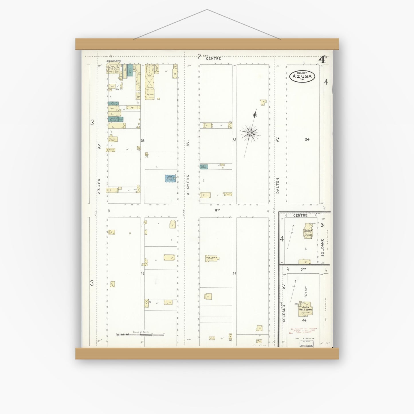 Old map wall art mockup — magnetic wood frame on white wall — Sanborn Fire Insurance Map from Azusa, Los Angeles County, California (1897), Sheet #0004