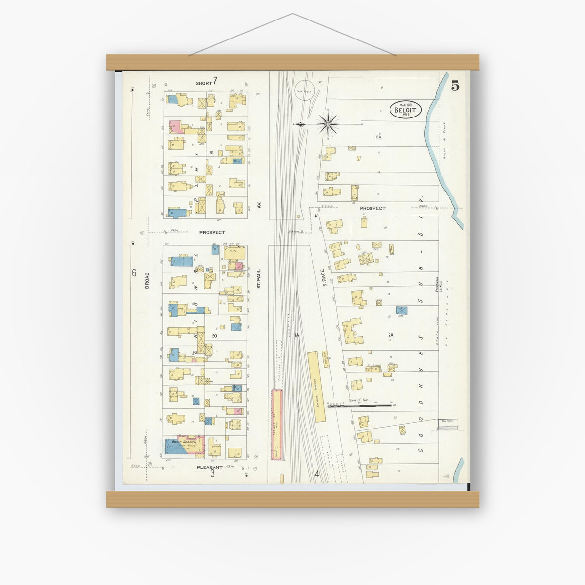 Old map wall art mockup — magnetic wood frame on white wall — Sanborn Fire Insurance Map from Beloit, Rock County, Wisconsin (1908), Sheet #0005