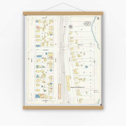 Old map wall art mockup — magnetic wood frame on white wall — Sanborn Fire Insurance Map from Beloit, Rock County, Wisconsin (1908), Sheet #0005