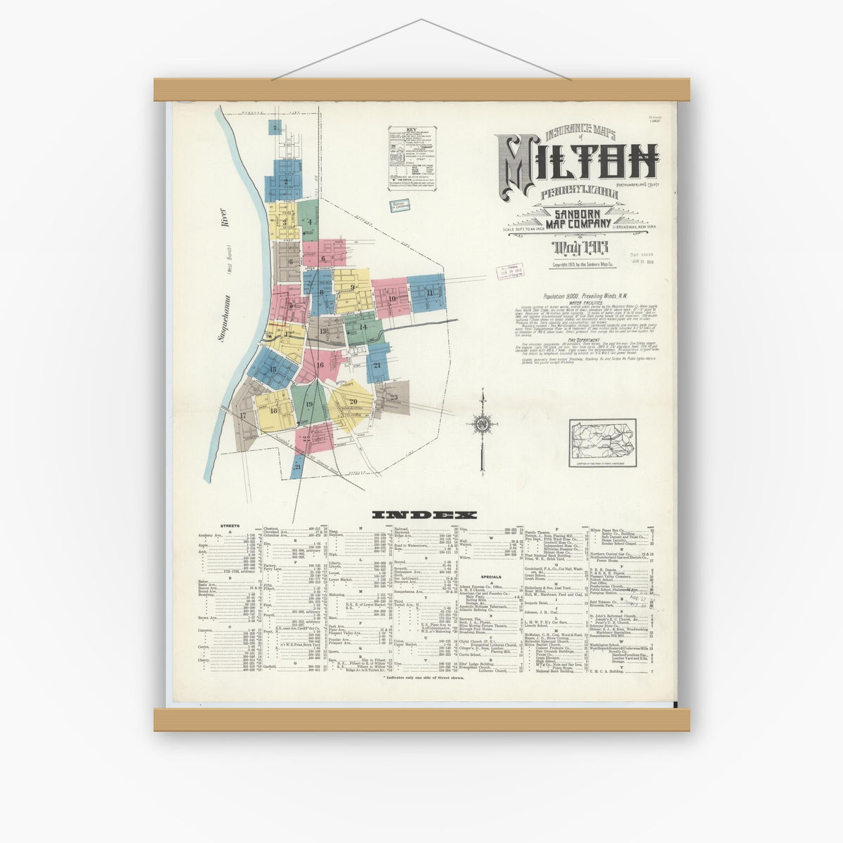 Old map wall art mockup — magnetic wood frame on white wall — Sanborn Fire Insurance Map from Milton, Northumberland County, Pennsylvania (1913) - Complete Map Set
