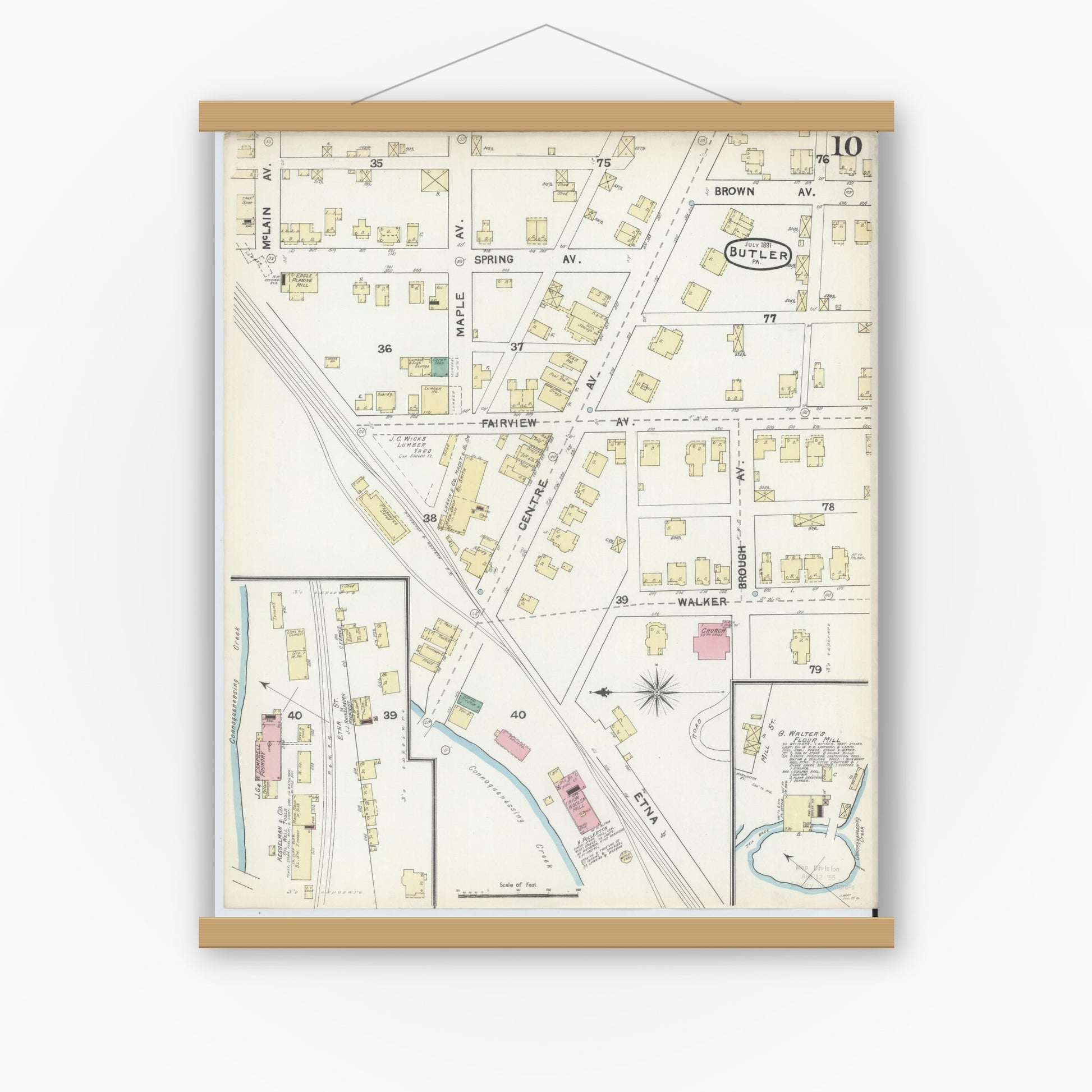 Old map wall art mockup — magnetic wood frame on white wall — Sanborn Fire Insurance Map from Butler, Butler County, Pennsylvania (1891), Sheet #0010