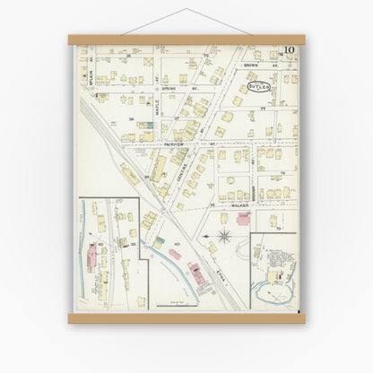 Old map wall art mockup — magnetic wood frame on white wall — Sanborn Fire Insurance Map from Butler, Butler County, Pennsylvania (1891), Sheet #0010