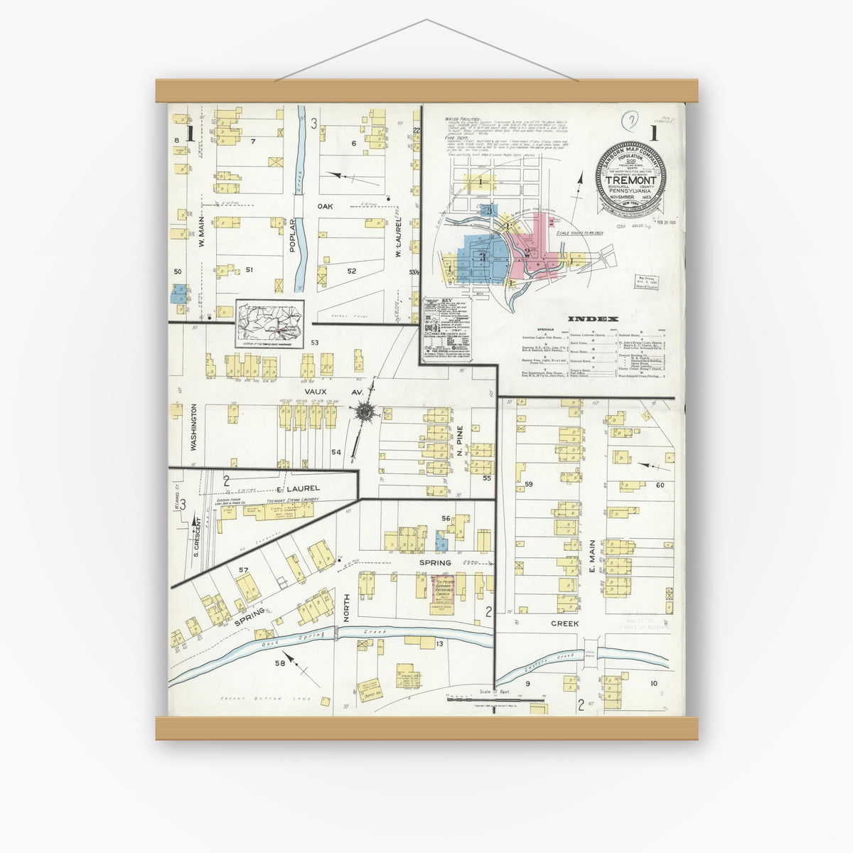 Old map wall art mockup — magnetic wood frame on white wall — Sanborn Fire Insurance Map from Tremont, Schuylkill County, Pennsylvania (1923), Sheet #0001