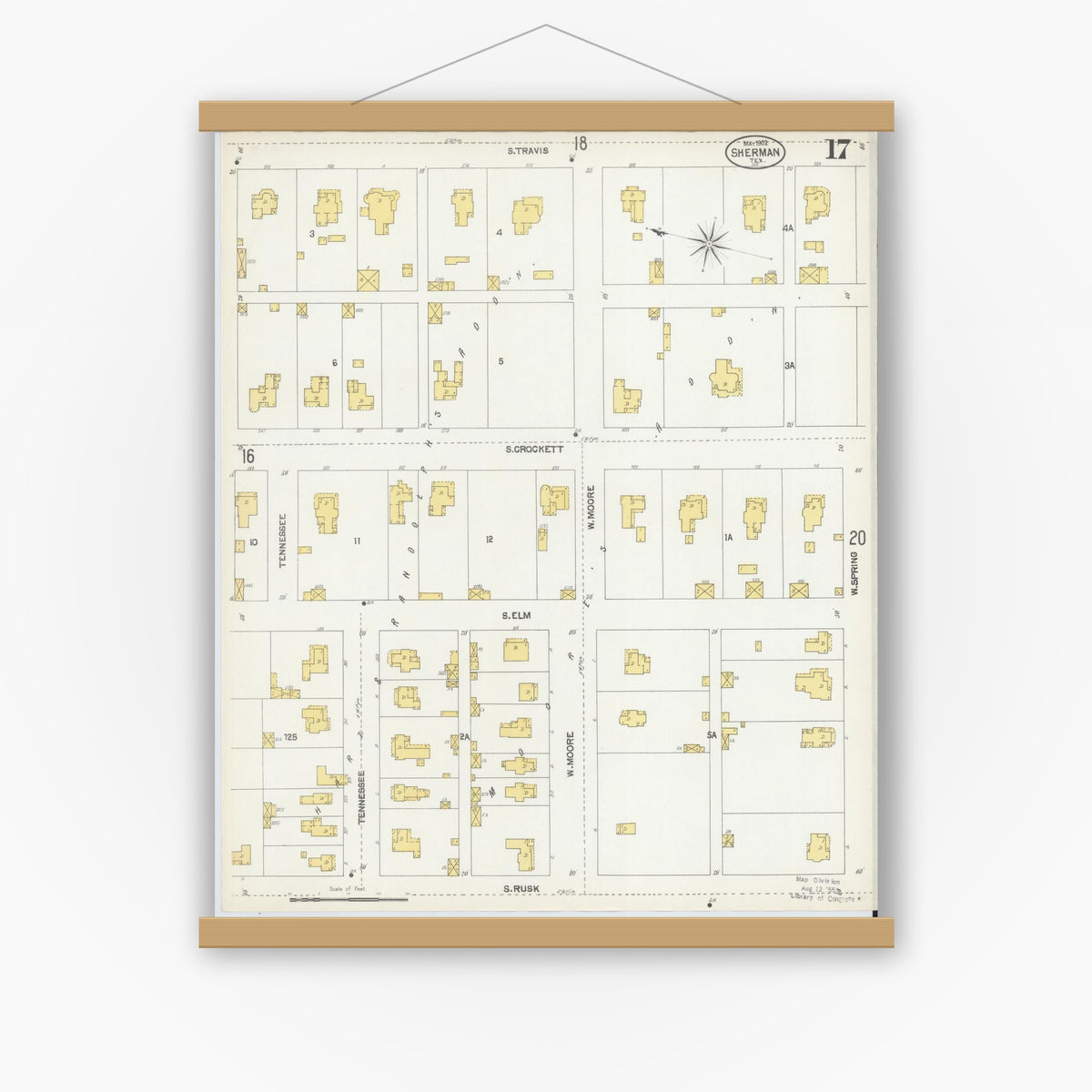 Old map wall art mockup — magnetic wood frame on white wall — Sanborn Fire Insurance Map from Sherman, Grayson County, Texas (1902), Sheet #0017