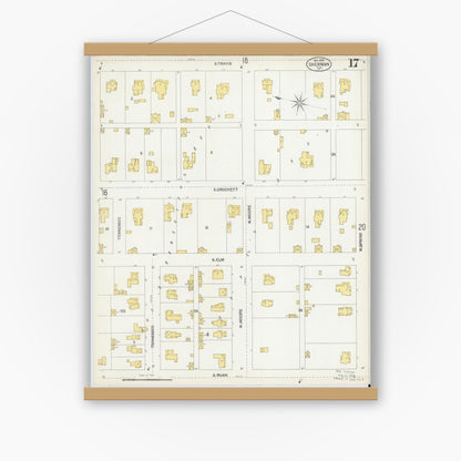 Old map wall art mockup — magnetic wood frame on white wall — Sanborn Fire Insurance Map from Sherman, Grayson County, Texas (1902), Sheet #0017