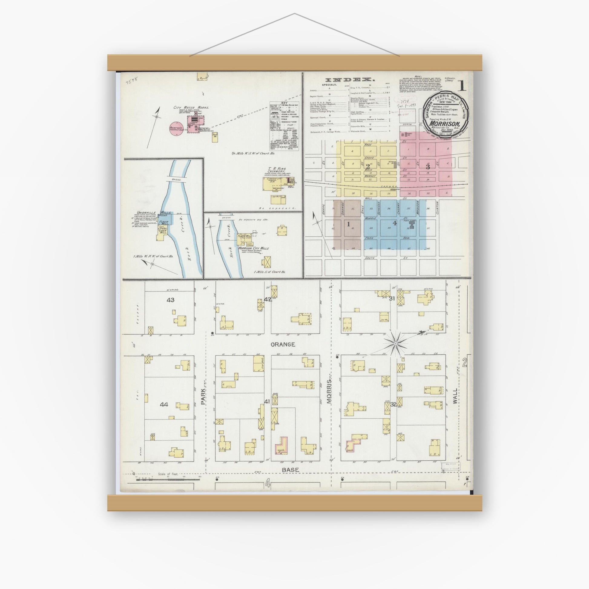 Old map wall art mockup — magnetic wood frame on white wall — Sanborn Fire Insurance Map from Morrison, Whiteside County, Illinois (1892) - Complete Map Set