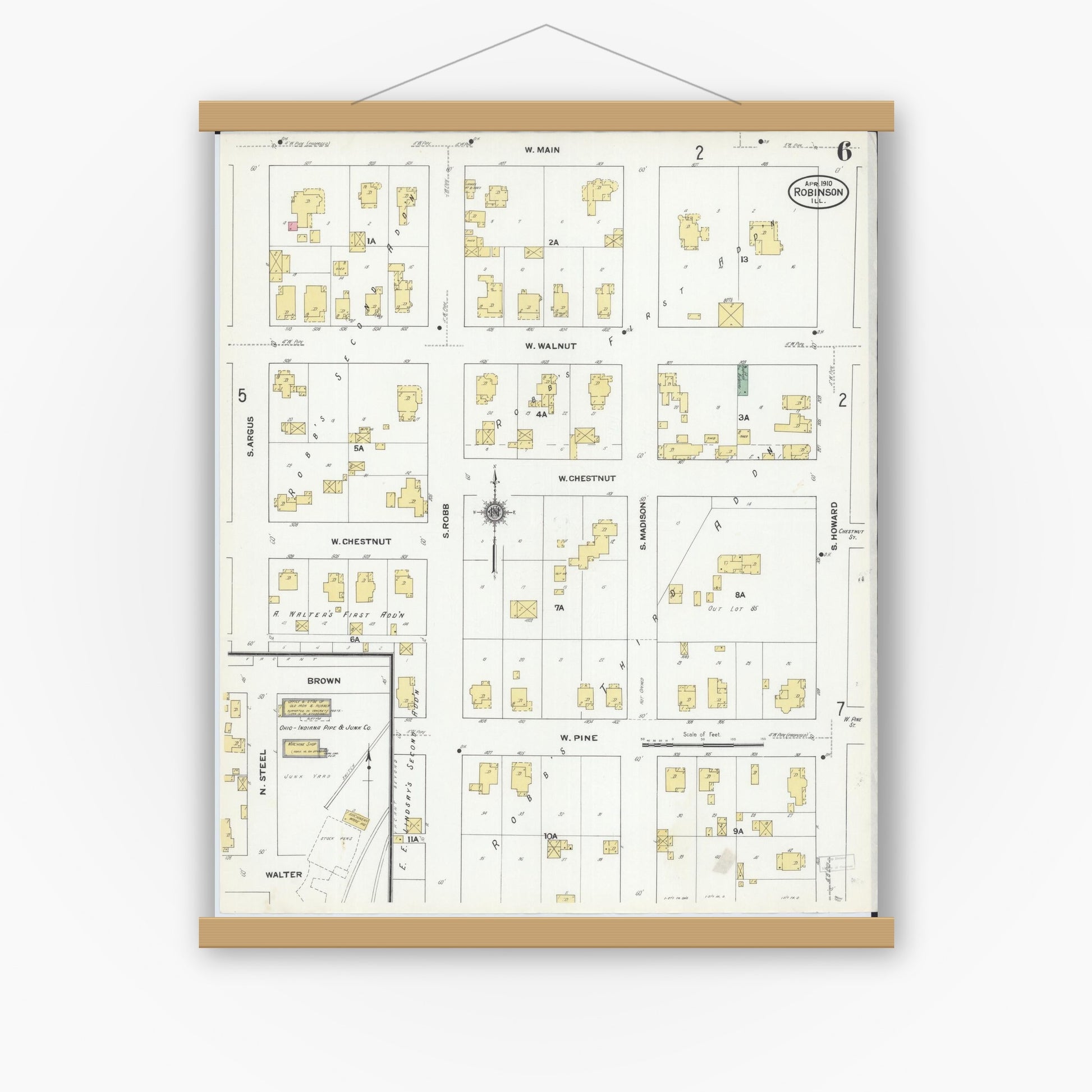 Old map wall art mockup — magnetic wood frame on white wall — Sanborn Fire Insurance Map from Robinson, Crawford County, Illinois (1910), Sheet #0006