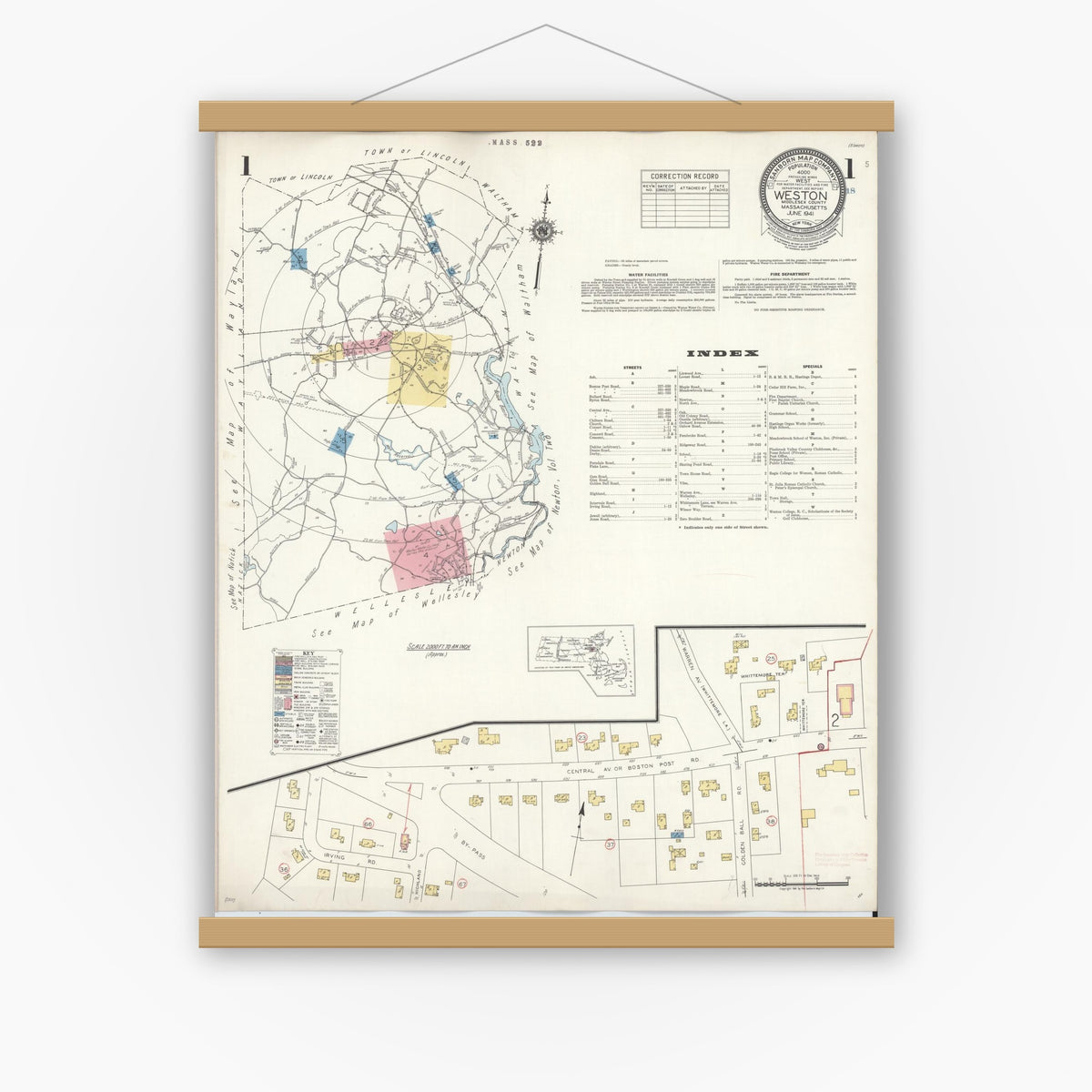 Old map wall art mockup — magnetic wood frame on white wall — Sanborn Fire Insurance Map from Weston, Middlesex County, Massachusetts (1941) - Complete Map Set