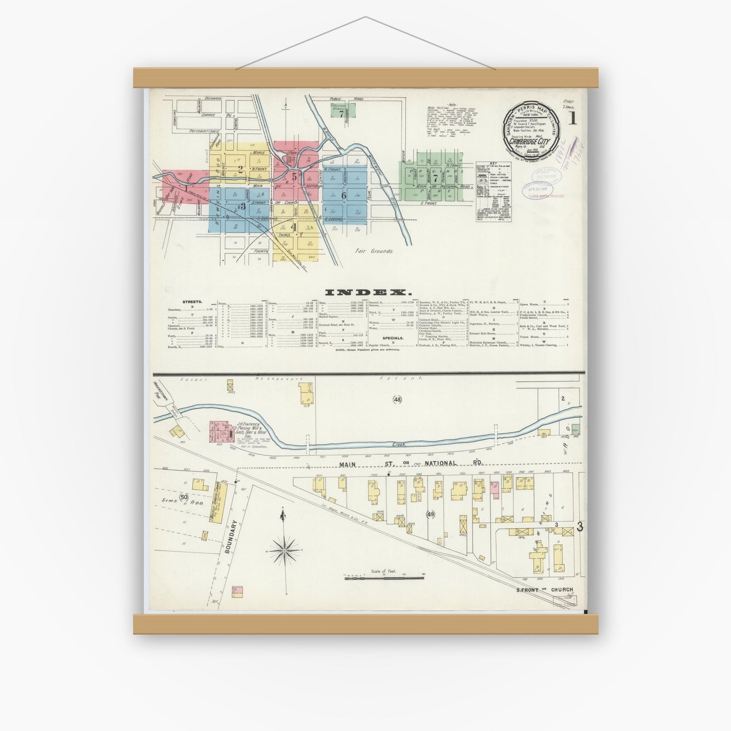 Old map wall art mockup — magnetic wood frame on white wall — Sanborn Fire Insurance Map from Cambridge City, Wayne County, Indiana (1898) - Complete Map Set