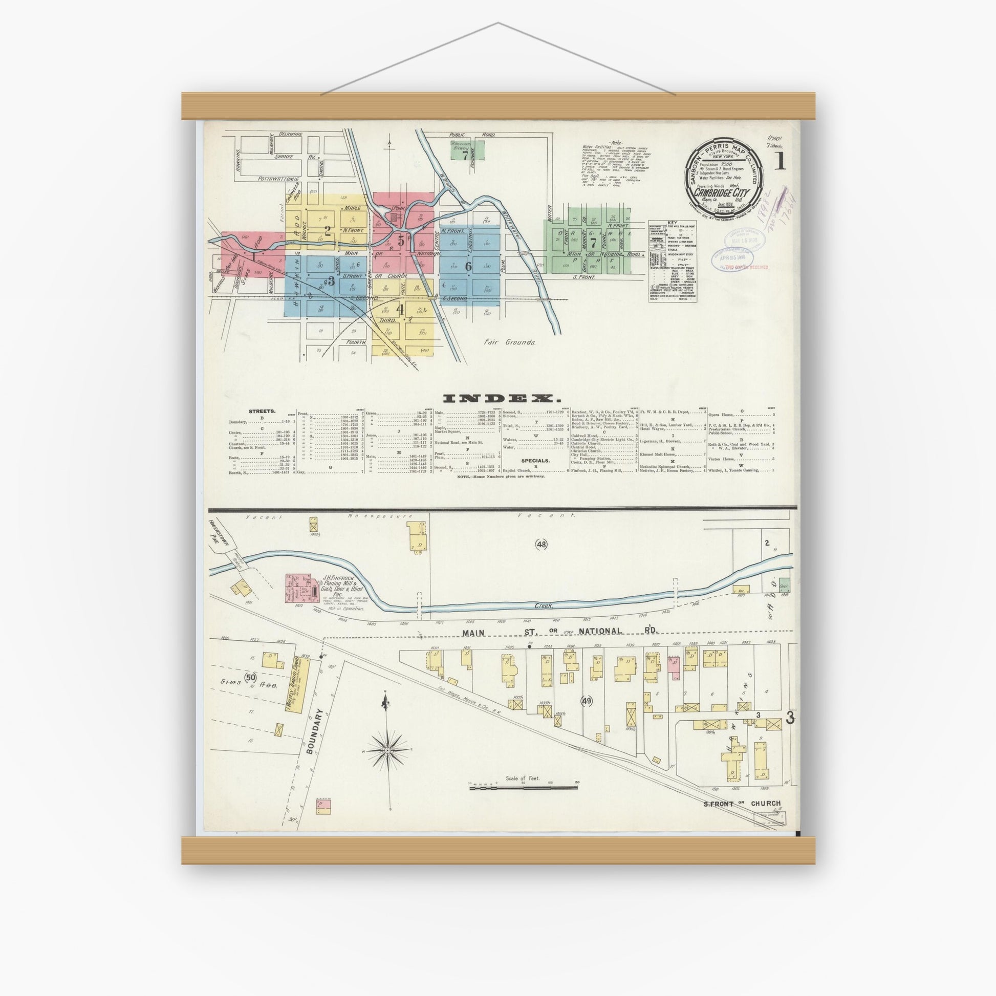 Old map wall art mockup — magnetic wood frame on white wall — Sanborn Fire Insurance Map from Cambridge City, Wayne County, Indiana (1898) - Complete Map Set