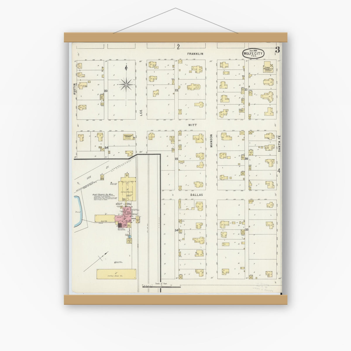 Old map wall art mockup — magnetic wood frame on white wall — Sanborn Fire Insurance Map from Wolfe City, Hunt County, Texas (1896), Sheet #0003