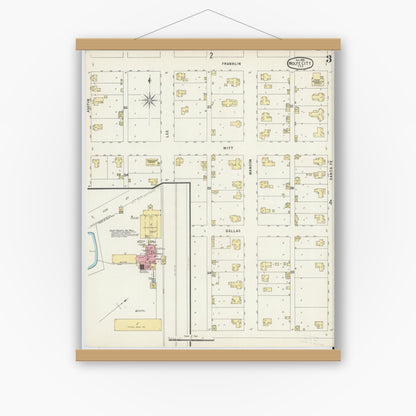 Old map wall art mockup — magnetic wood frame on white wall — Sanborn Fire Insurance Map from Wolfe City, Hunt County, Texas (1896), Sheet #0003
