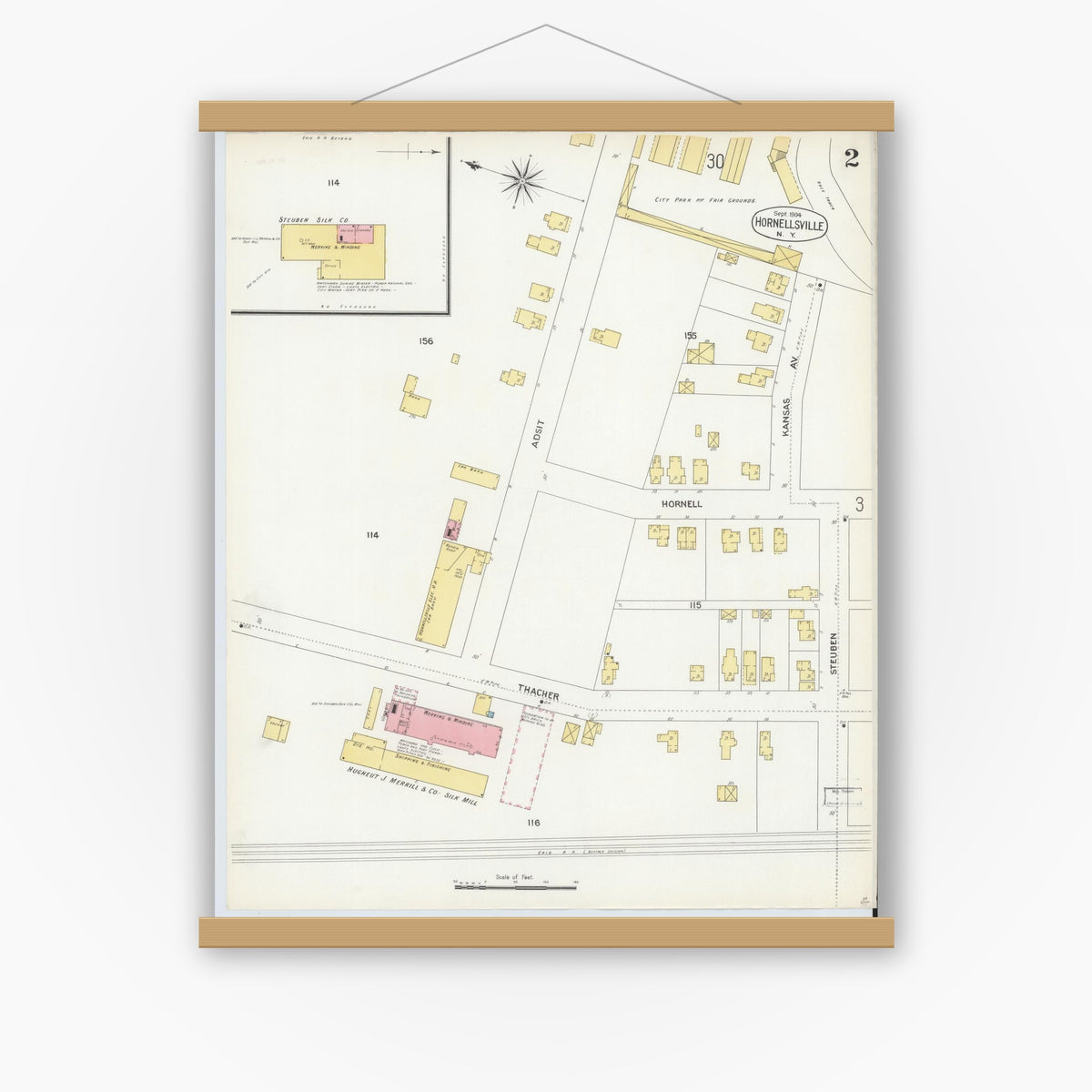 Old map wall art mockup — magnetic wood frame on white wall — Sanborn Fire Insurance Map from Hornell, Steuben County, New York (1904) - Complete Map Set