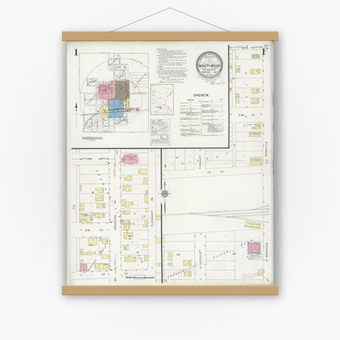 Old map wall art mockup — magnetic wood frame on white wall — Sanborn Fire Insurance Map from Winthrop, Sibley County, Minnesota (1930), Sheet #0001