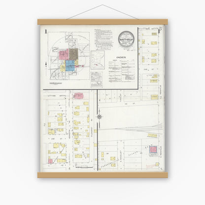 Old map wall art mockup — magnetic wood frame on white wall — Sanborn Fire Insurance Map from Winthrop, Sibley County, Minnesota (1930), Sheet #0001