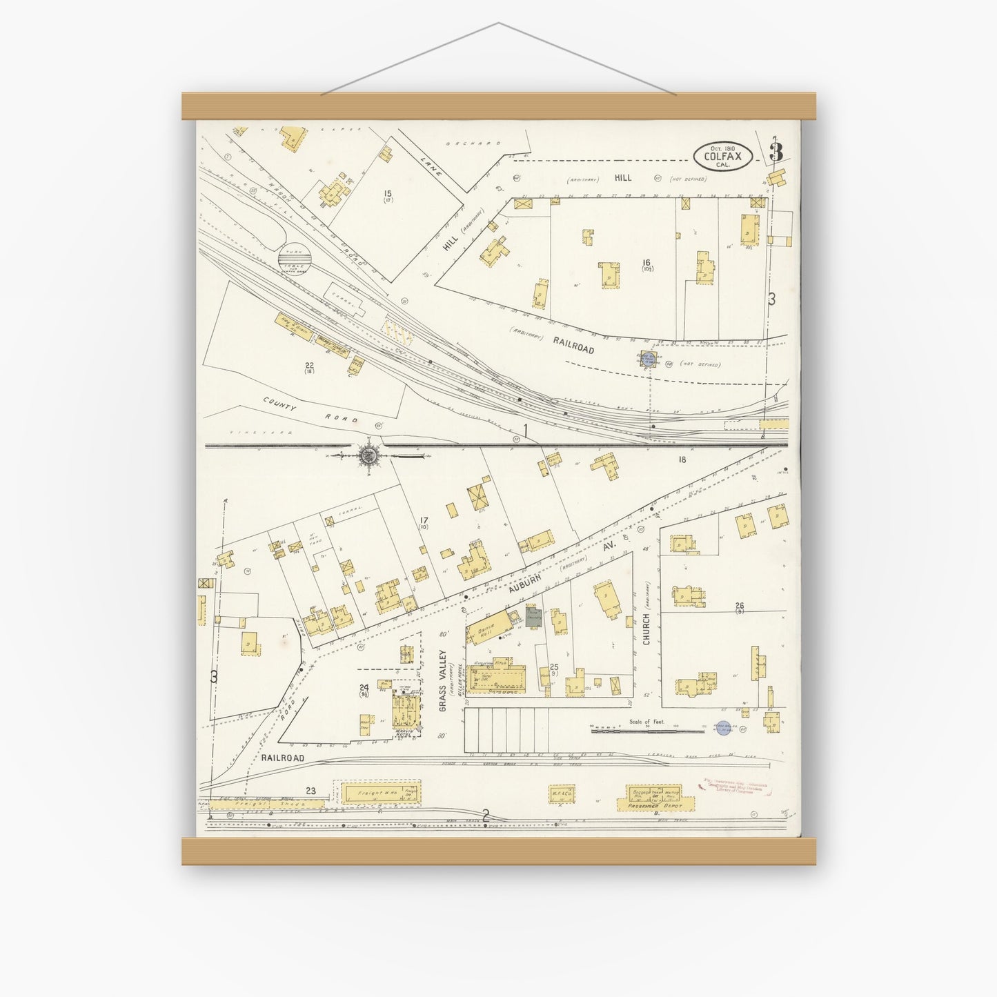 Old map wall art mockup — magnetic wood frame on white wall — Sanborn Fire Insurance Map from Colfax, Placer County, California (1910), Sheet #0003