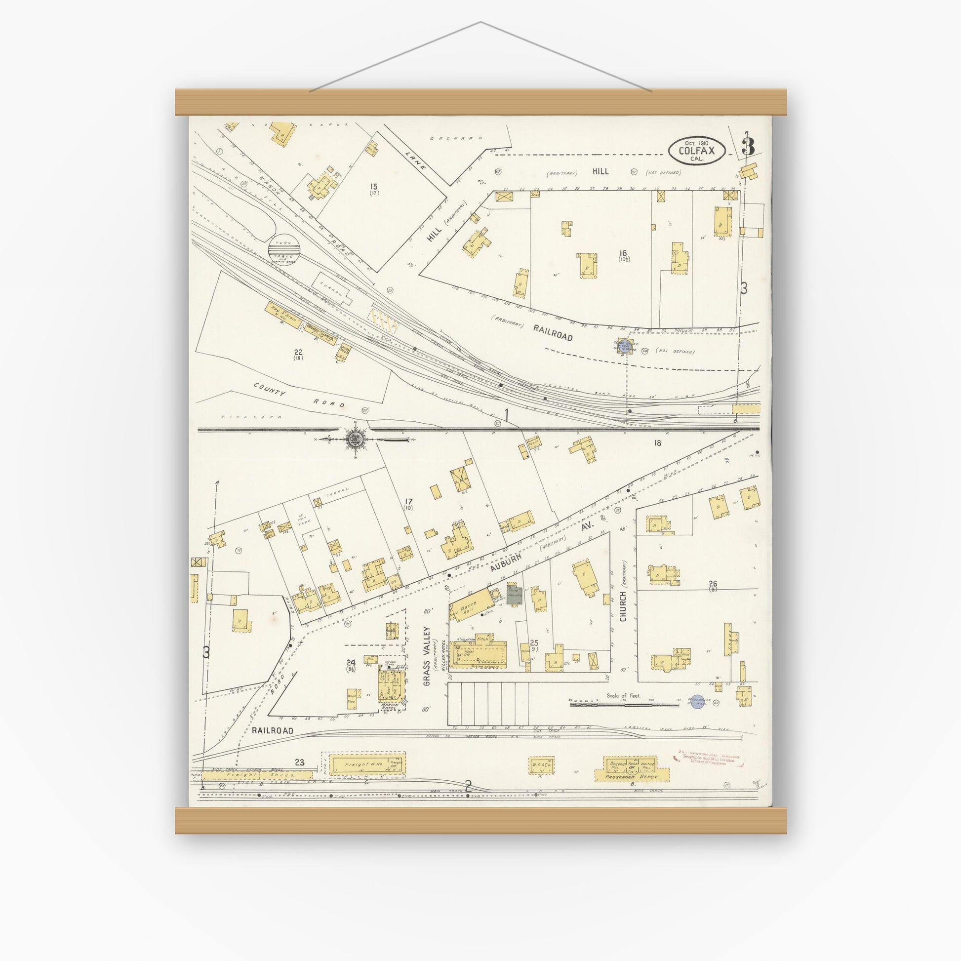 Old map wall art mockup — magnetic wood frame on white wall — Sanborn Fire Insurance Map from Colfax, Placer County, California (1910), Sheet #0003