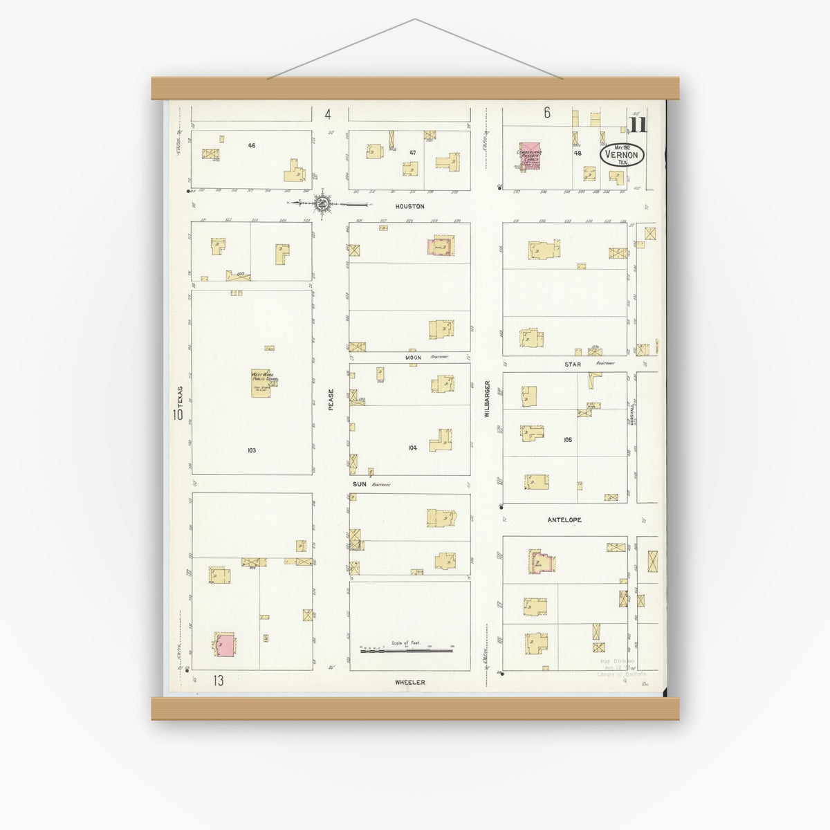 Old map wall art mockup — magnetic wood frame on white wall — Sanborn Fire Insurance Map from Vernon, Wilbarger County, Texas (1912), Sheet #0011