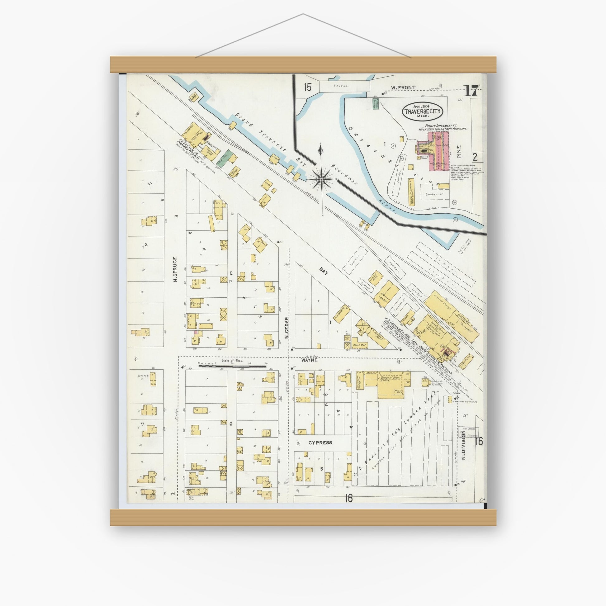 Old map wall art mockup — magnetic wood frame on white wall — Sanborn Fire Insurance Map from Traverse City, Grand Traverse County, Michigan (1904), Sheet #0017