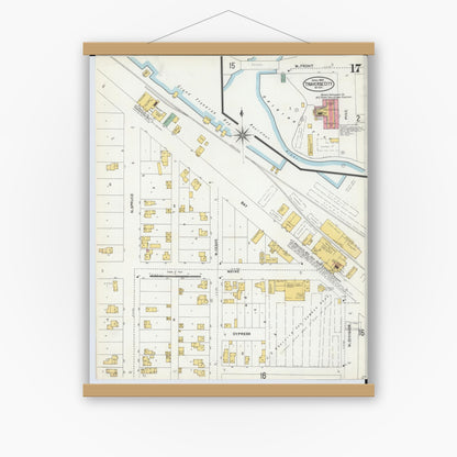 Old map wall art mockup — magnetic wood frame on white wall — Sanborn Fire Insurance Map from Traverse City, Grand Traverse County, Michigan (1904), Sheet #0017