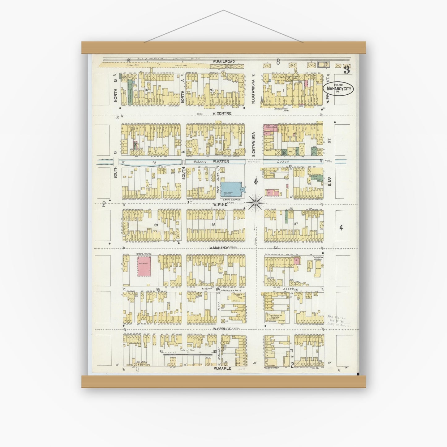 Old map wall art mockup — magnetic wood frame on white wall — Sanborn Fire Insurance Map from Mahanoy City, Schuylkill County, Pennsylvania (1902), Sheet #0003