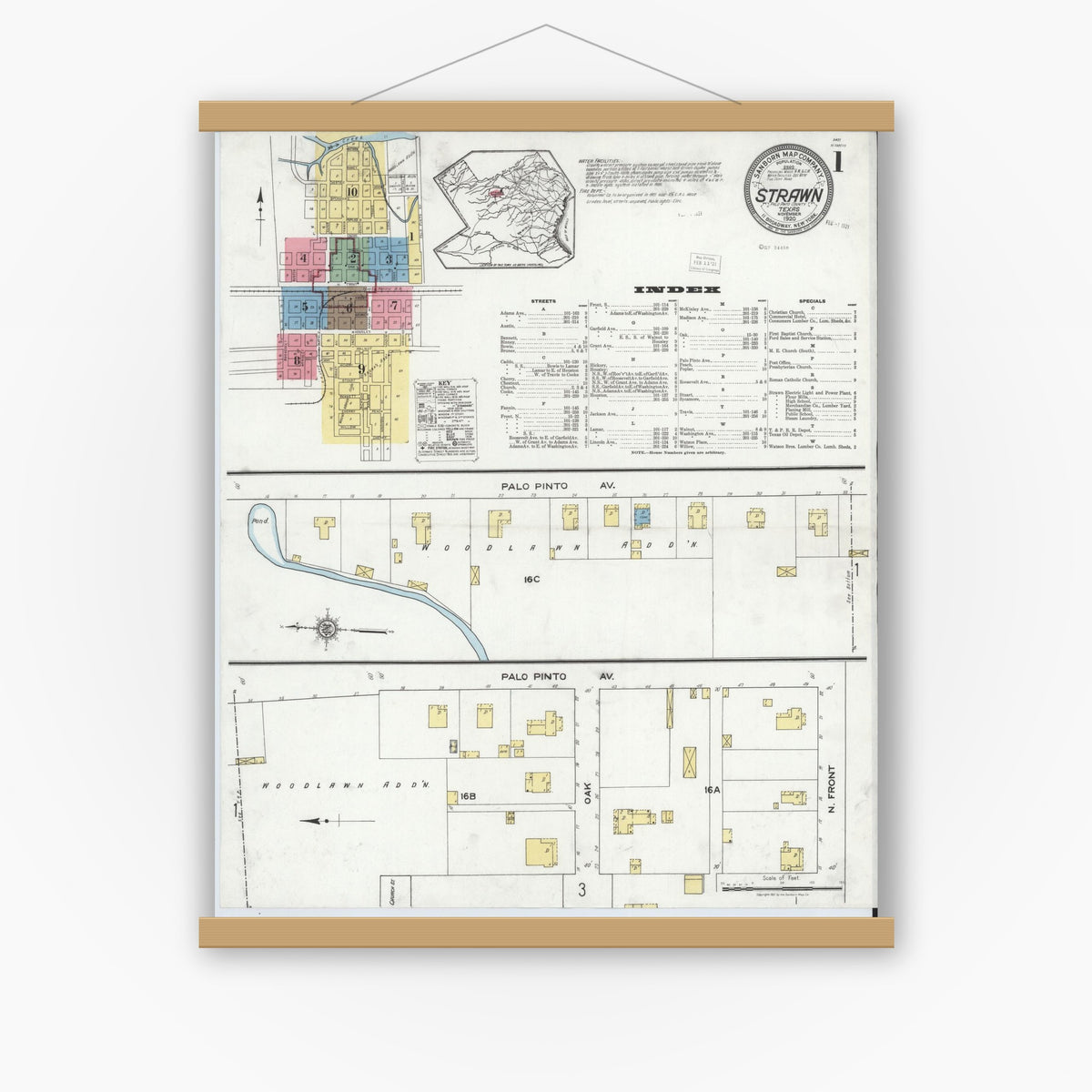 Old map wall art mockup — magnetic wood frame on white wall — Sanborn Fire Insurance Map from Strawn, Palo Pinto County, Texas (1920) - Complete Map Set