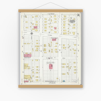 Old map wall art mockup — magnetic wood frame on white wall — Sanborn Fire Insurance Map from Hibbing, Saint Louis County, Minnesota (1921), Sheet #0011