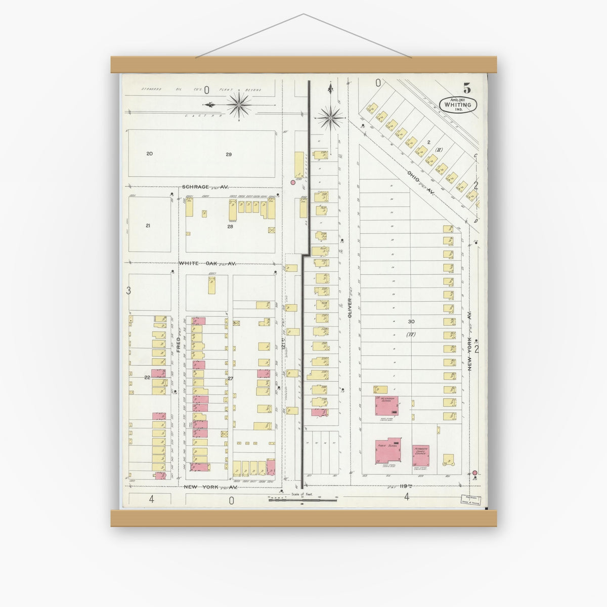 Old map wall art mockup — magnetic wood frame on white wall — Sanborn Fire Insurance Map from Whiting, Lake County, Indiana (1901), Sheet #0005