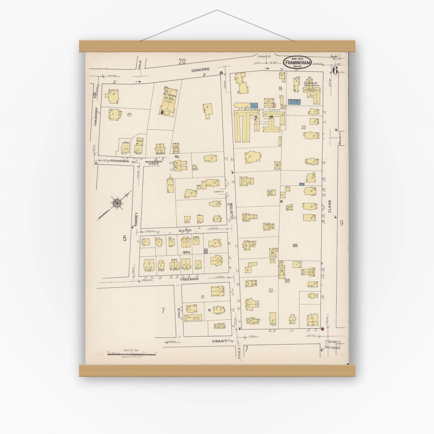 Old map wall art mockup — magnetic wood frame on white wall — Sanborn Fire Insurance Map from Framingham, Middlesex County, Massachusetts (1922), Sheet #0006