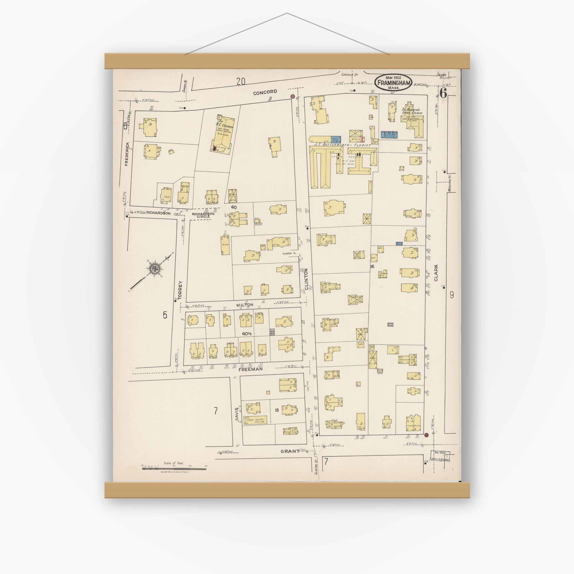 Old map wall art mockup — magnetic wood frame on white wall — Sanborn Fire Insurance Map from Framingham, Middlesex County, Massachusetts (1922), Sheet #0006