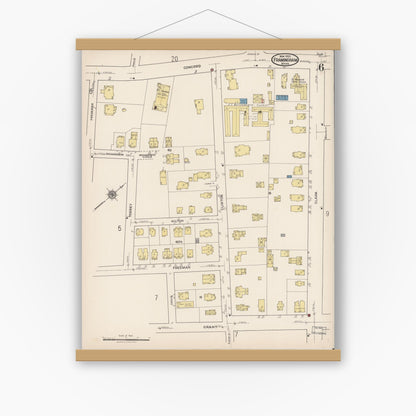 Old map wall art mockup — magnetic wood frame on white wall — Sanborn Fire Insurance Map from Framingham, Middlesex County, Massachusetts (1922), Sheet #0006