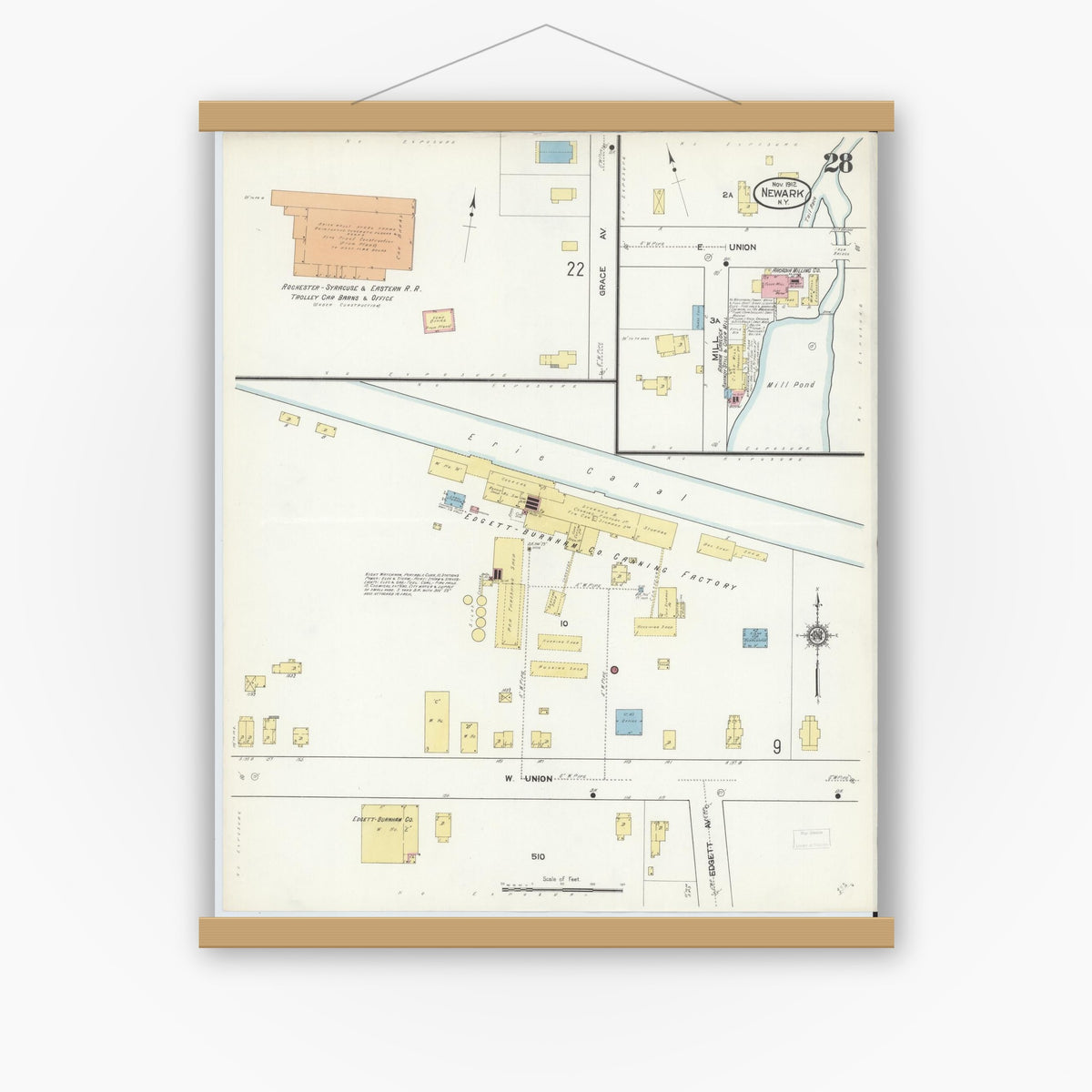 Old map wall art mockup — magnetic wood frame on white wall — Sanborn Fire Insurance Map from Newark, Wayne County, New York (1912), Sheet #0028