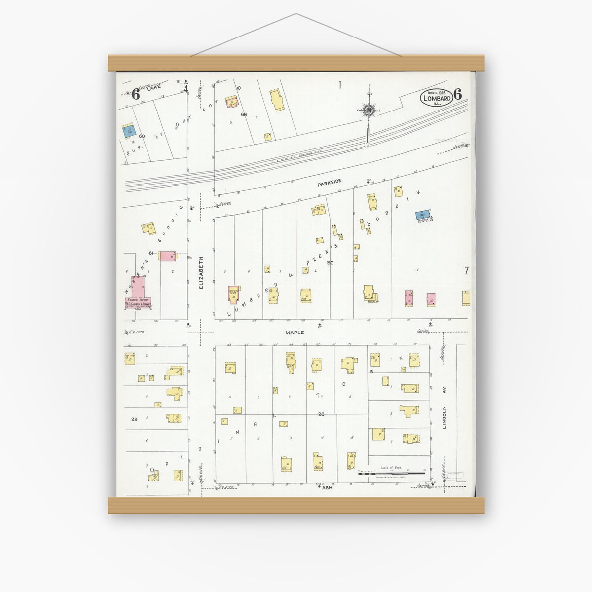 Old map wall art mockup — magnetic wood frame on white wall — Sanborn Fire Insurance Map from Lombard, Du Page County, Illinois (1925), Sheet #0006