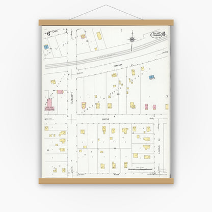 Old map wall art mockup — magnetic wood frame on white wall — Sanborn Fire Insurance Map from Lombard, Du Page County, Illinois (1925), Sheet #0006