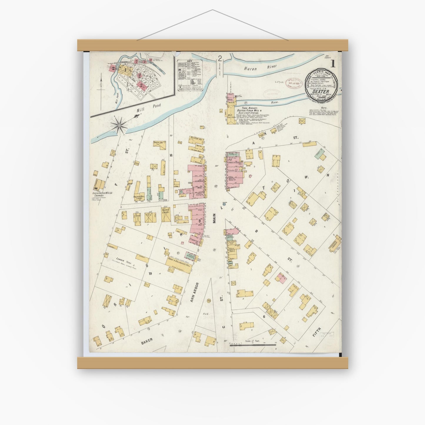 Old map wall art mockup — magnetic wood frame on white wall — Sanborn Fire Insurance Map from Dexter, Washtenaw County, Michigan (1899) - Complete Map Set
