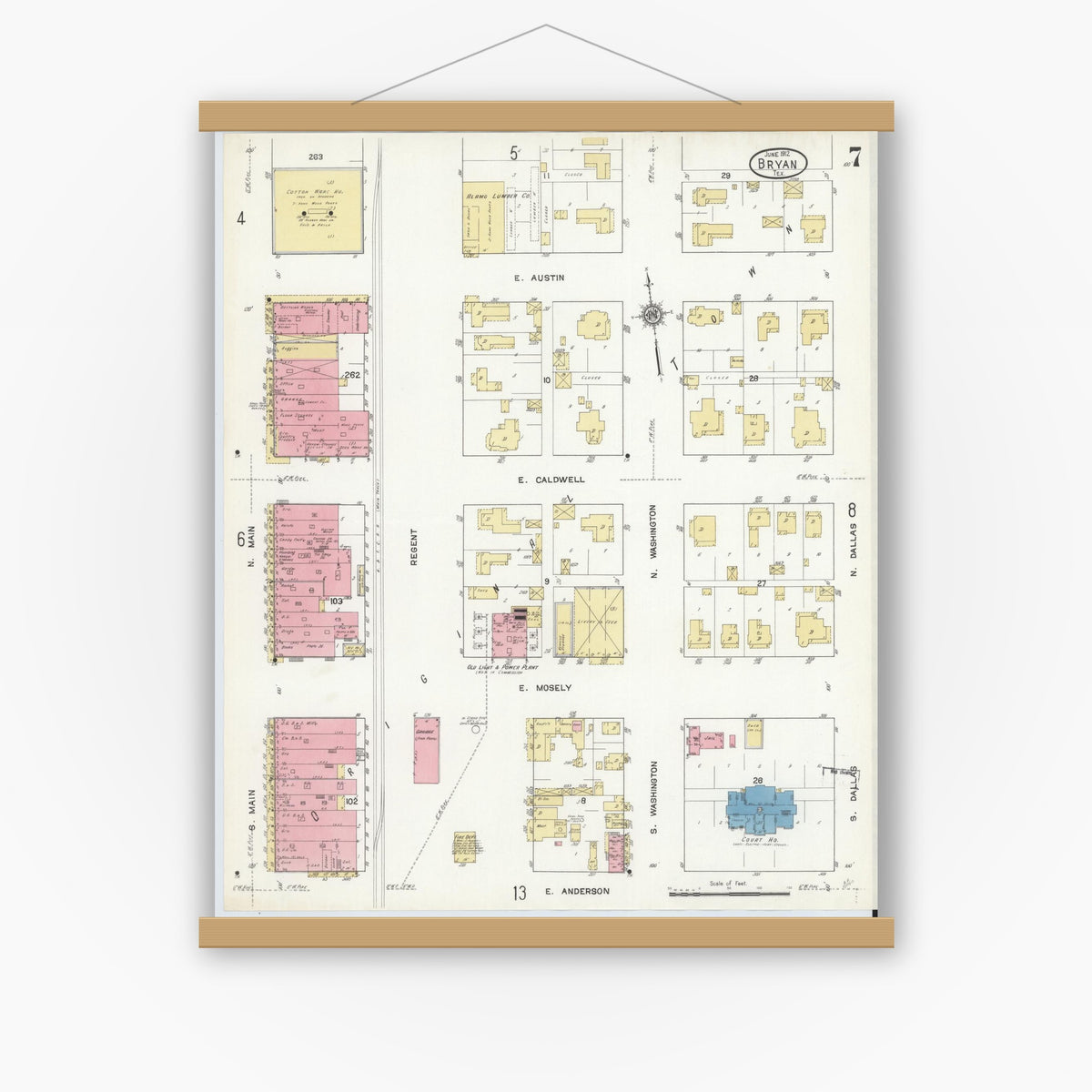 Old map wall art mockup — magnetic wood frame on white wall — Sanborn Fire Insurance Map from Bryan, Brazos County, Texas (1912), Sheet #0007