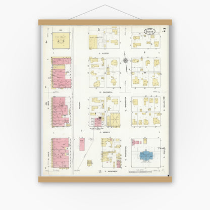 Old map wall art mockup — magnetic wood frame on white wall — Sanborn Fire Insurance Map from Bryan, Brazos County, Texas (1912), Sheet #0007