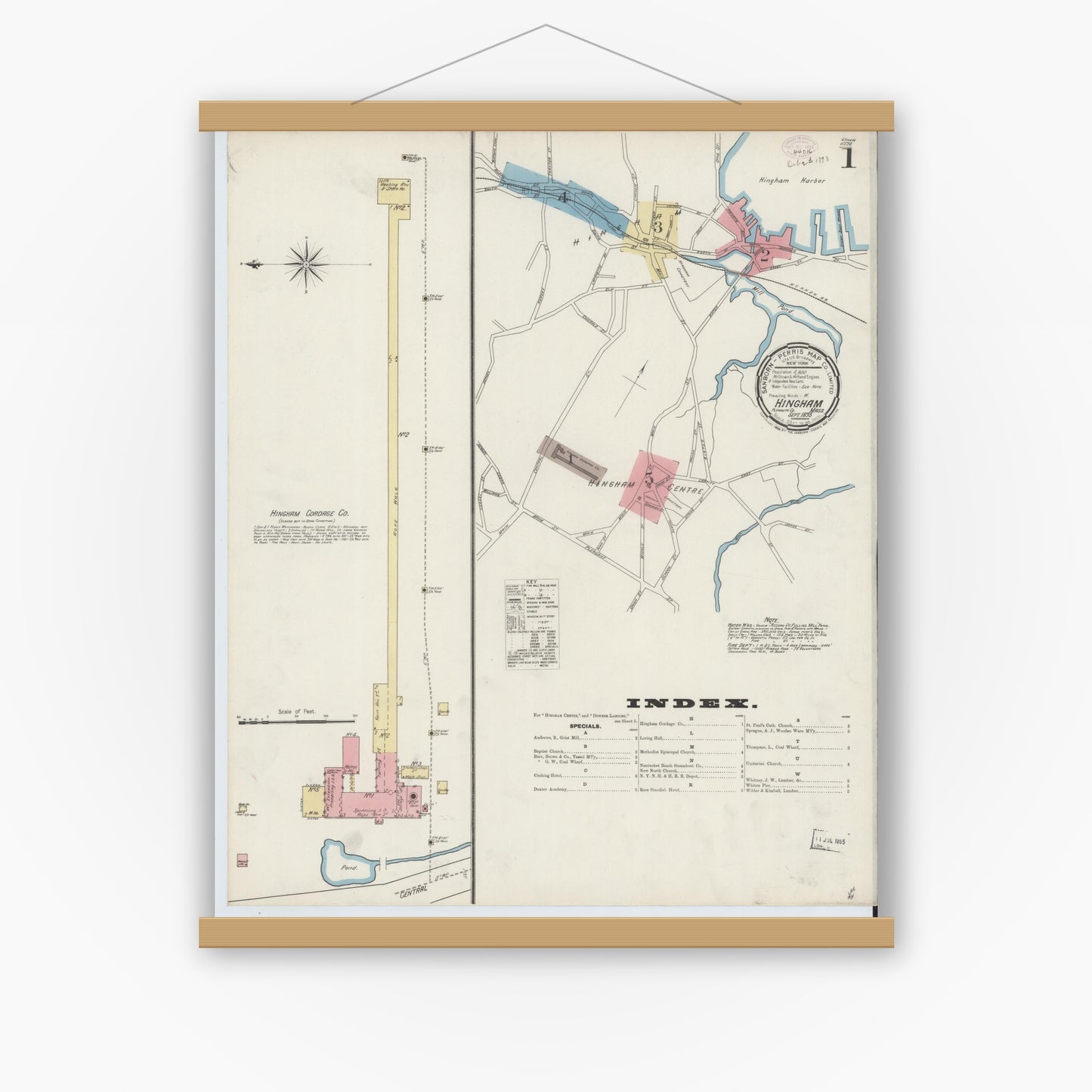 Old map wall art mockup — magnetic wood frame on white wall — Sanborn Fire Insurance Map from Hingham, Plymouth County, Massachusetts (1893) - Complete Map Set