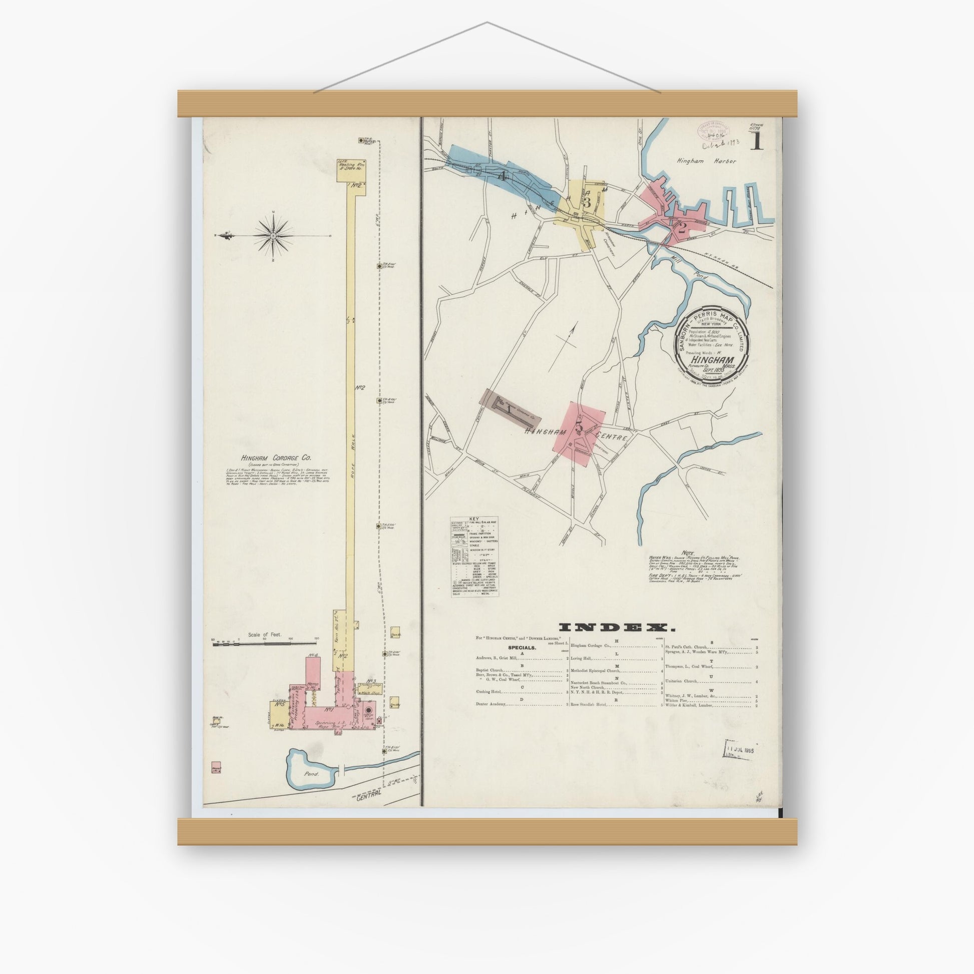 Old map wall art mockup — magnetic wood frame on white wall — Sanborn Fire Insurance Map from Hingham, Plymouth County, Massachusetts (1893) - Complete Map Set