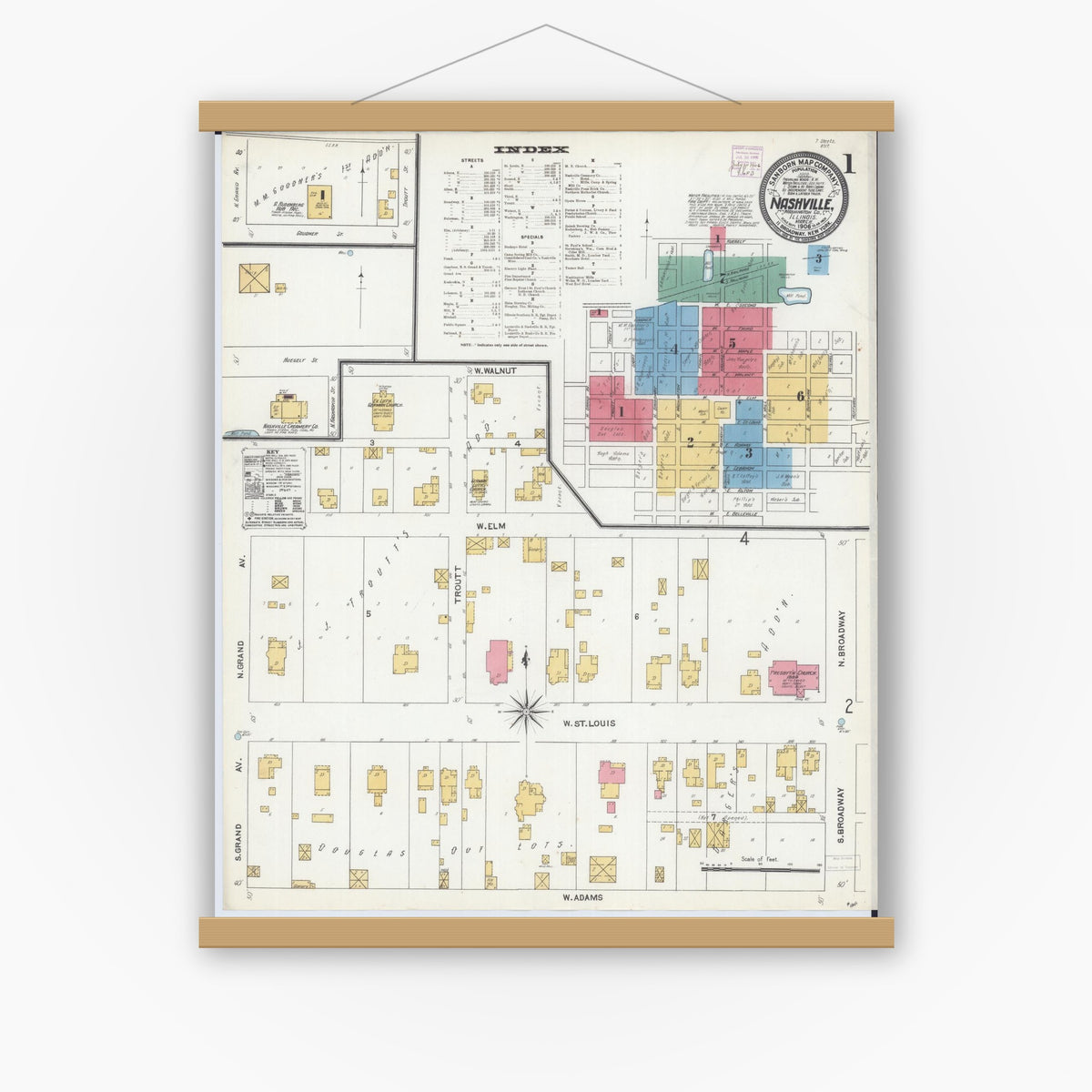 Old map wall art mockup — magnetic wood frame on white wall — Sanborn Fire Insurance Map from Nashville, Washington County, Illinois (1906) - Complete Map Set