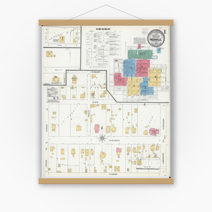 Old map wall art mockup — magnetic wood frame on white wall — Sanborn Fire Insurance Map from Nashville, Washington County, Illinois (1906) - Complete Map Set