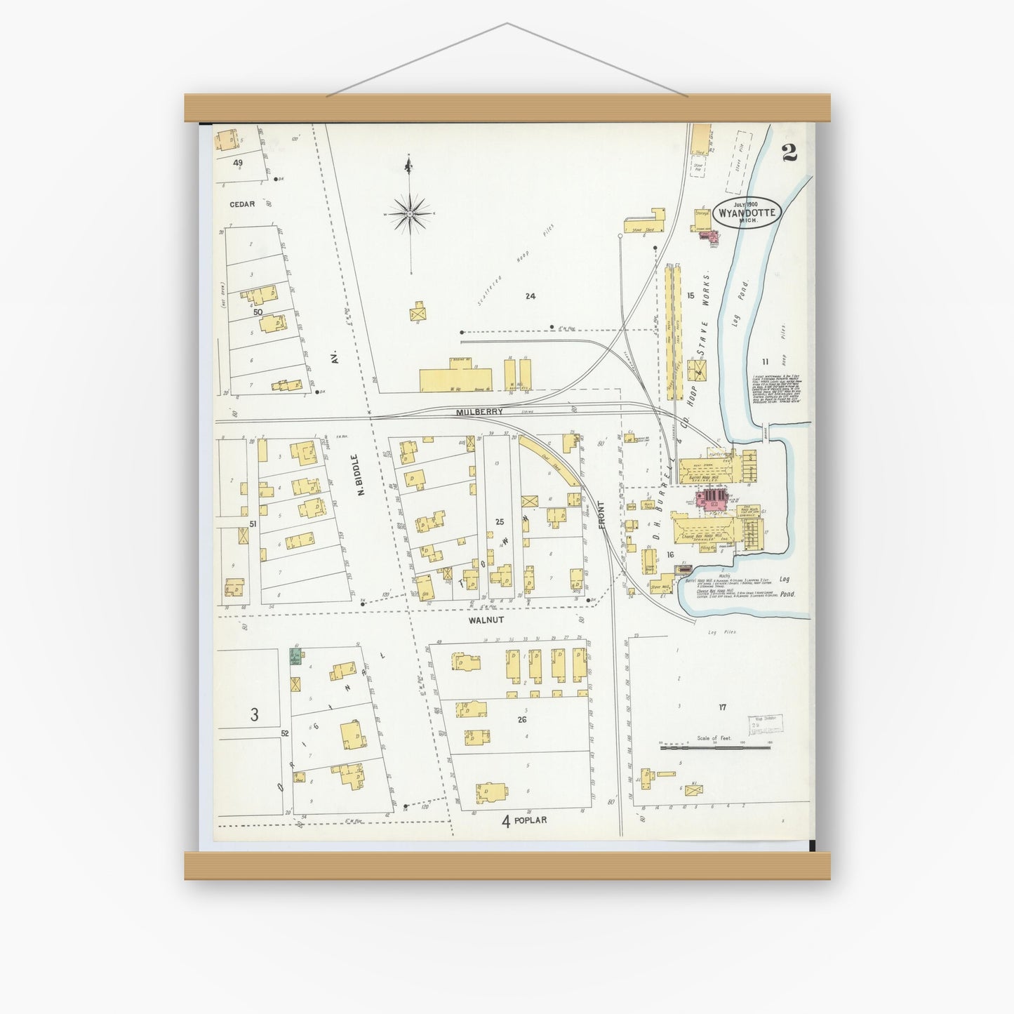 Old map wall art mockup — magnetic wood frame on white wall — Sanborn Fire Insurance Map from Wyandotte, Wayne County, Michigan (1900), Sheet #0002