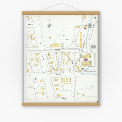 Old map wall art mockup — magnetic wood frame on white wall — Sanborn Fire Insurance Map from Wyandotte, Wayne County, Michigan (1900), Sheet #0002