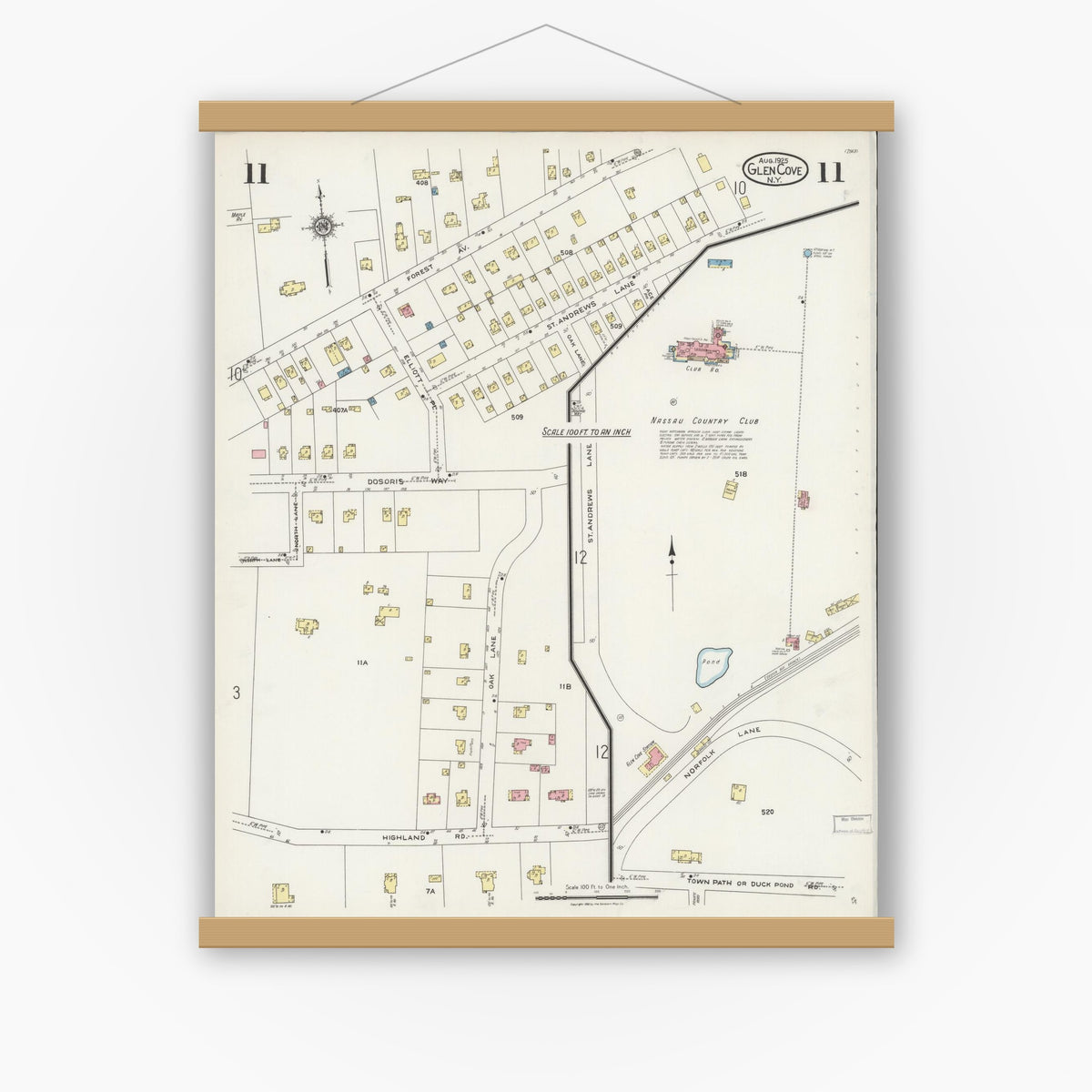 Old map wall art mockup — magnetic wood frame on white wall — Sanborn Fire Insurance Map from Glen Cove, Nassau County, New York (1925), Sheet #0011