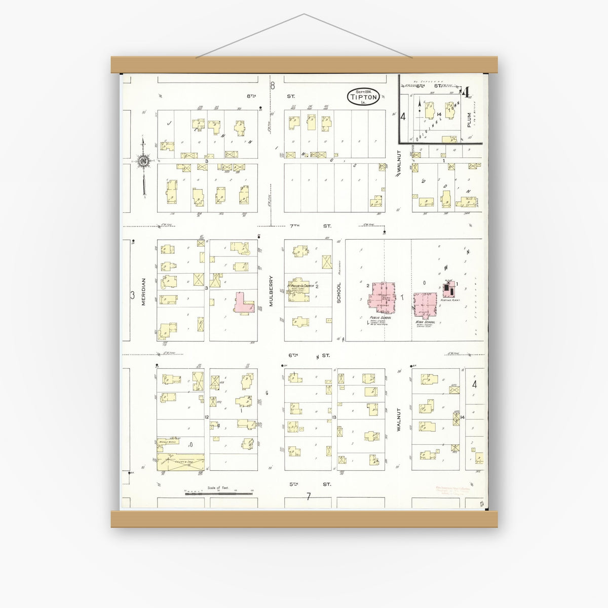 Old map wall art mockup — magnetic wood frame on white wall — Sanborn Fire Insurance Map from Tipton, Cedar County, Iowa (1914), Sheet #0004