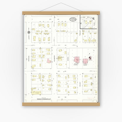 Old map wall art mockup — magnetic wood frame on white wall — Sanborn Fire Insurance Map from Tipton, Cedar County, Iowa (1914), Sheet #0004