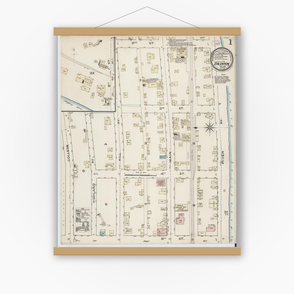 Old map wall art mockup — magnetic wood frame on white wall — Sanborn Fire Insurance Map from Emlenton, Venango County, Pennsylvania (1886), Sheet #0001