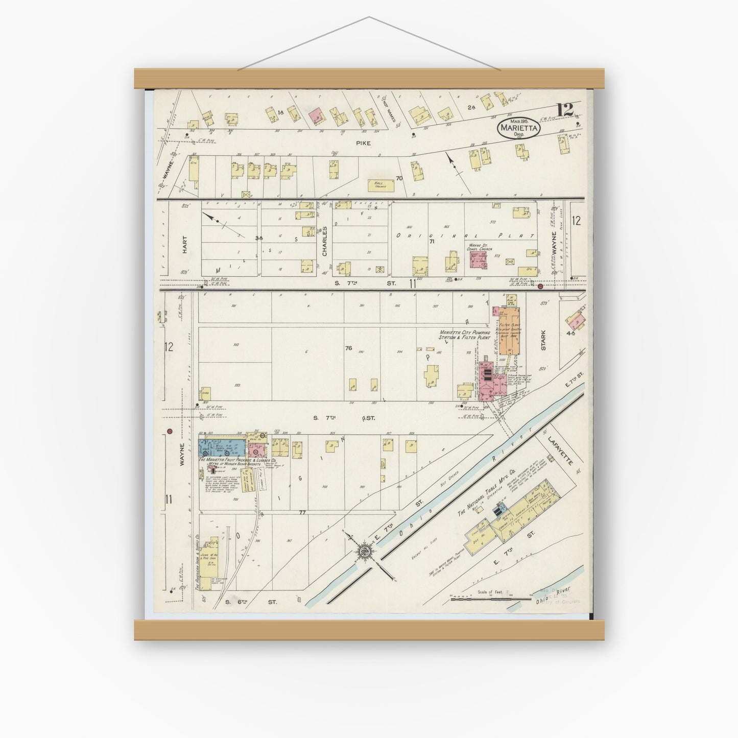 Old map wall art mockup — magnetic wood frame on white wall — Sanborn Fire Insurance Map from Marietta, Washington County, Ohio (1915), Sheet #0012
