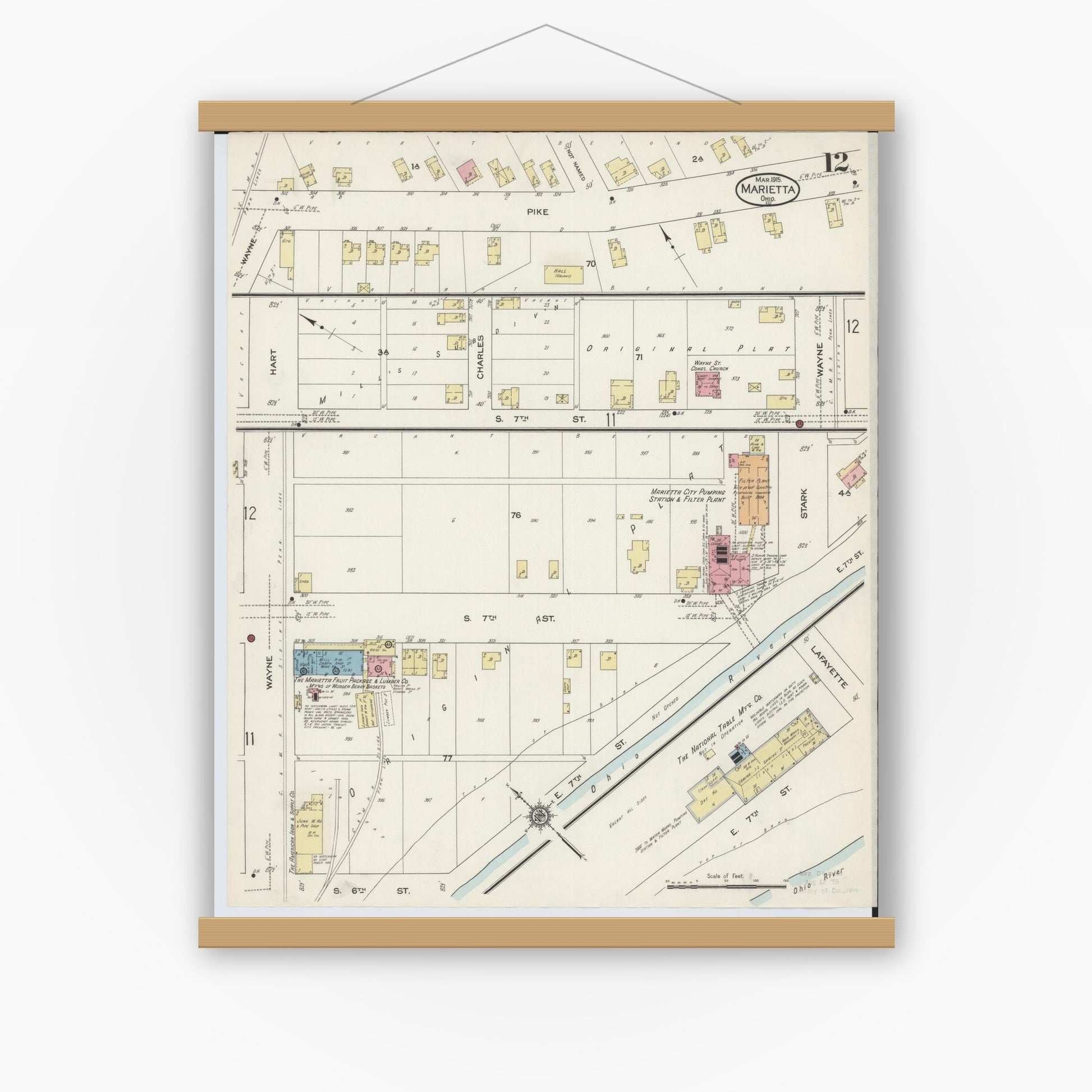 Old map wall art mockup — magnetic wood frame on white wall — Sanborn Fire Insurance Map from Marietta, Washington County, Ohio (1915), Sheet #0012